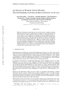 First page of An Image is Worth 16x16 Words: Transformers for Image Recognition at Scale