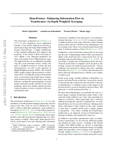 First page of DenseFormer: Enhancing Information Flow in Transformers via Depth Weighted Averaging